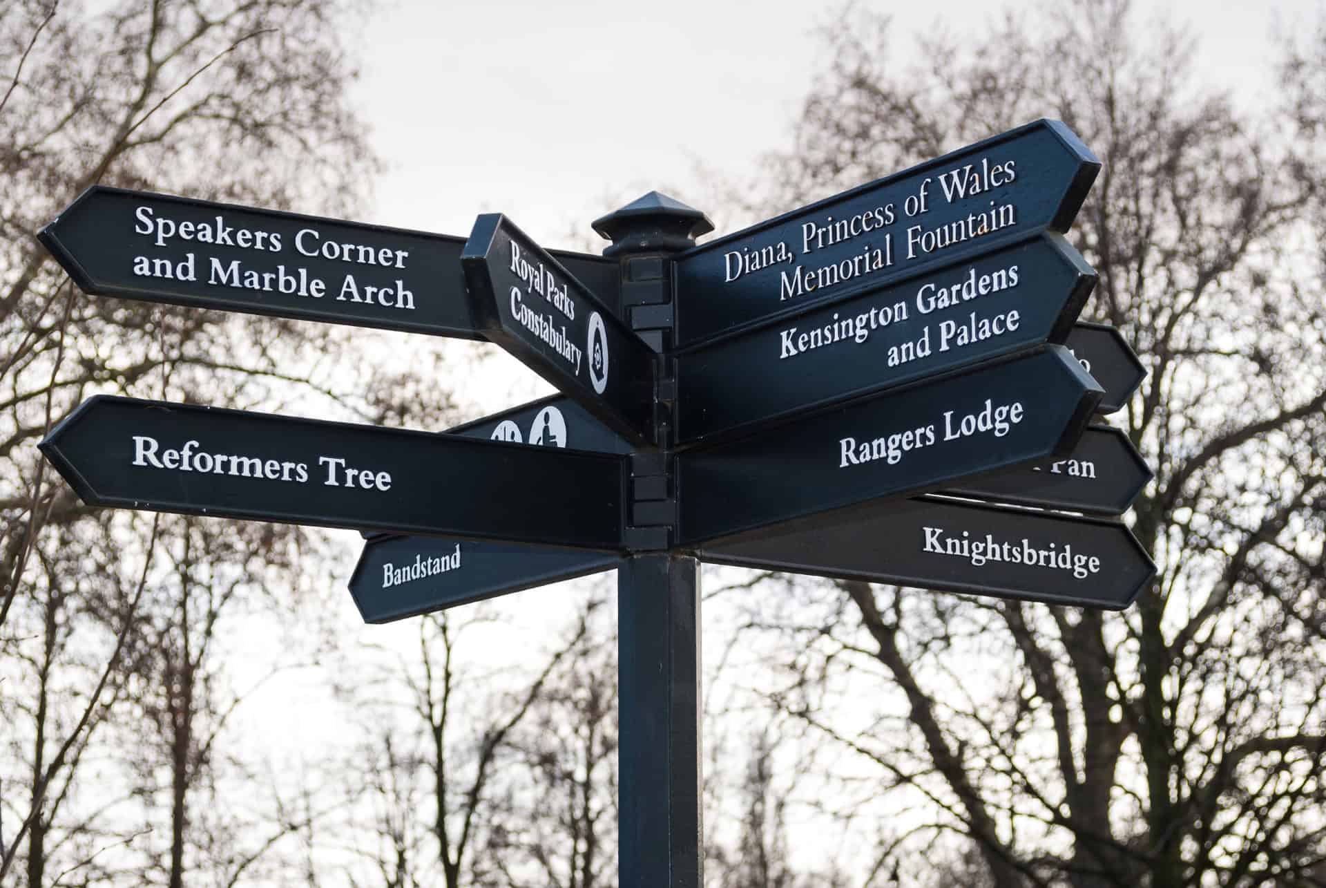 hyde park panneau de direction avec speaker corner vers ouest